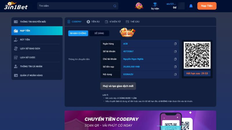 Nạp rút nhanh chóng tại 3in1bet